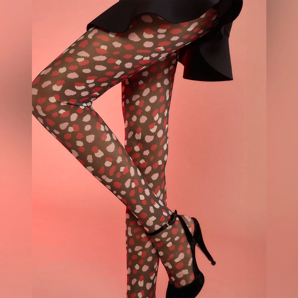 NWT Cynthia Rowley Modern Mesh (semi sheer) tights, waistband, black/red/pink, L